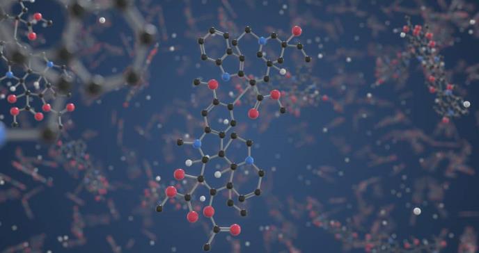 Molécula de Vinblastina en 3D. La Vinblastina pertenece a una clase de fármacos de quimioterapia llamados alcaloides vegetales. Foto: Shutterstock.